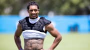 Jul 26, 2025; Charlotte, NC, USA; Carolina Panthers running back Chuba Hubbard (30) walks off after practice at training camp.