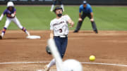 Courtney Layne delivers a pitch during the Virginia softball game against Clemson at the 2024 ACC Softball Championship.
