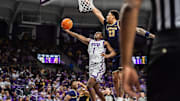 Jayden Pierre takes a layup in TCU's 67-63 loss to No. 6 Michigan on Friday, November 14, 2025.