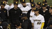 April 2, 2025; Columbia, Missouri, USA: Missouri Tigers Head Coach Kerrick Jackson gives a speech to his players following their walk-off win over Arkansas Pine-Bluff. 