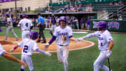 TCU shortstop Anthony Silva celebrates with his teammates in Saturday's first game of the double-header against Kansas State. 