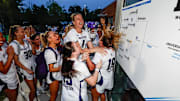 Northwestern Lacrosse celebrates after a Big Ten Tournament semi-final win on April 25, 2025.