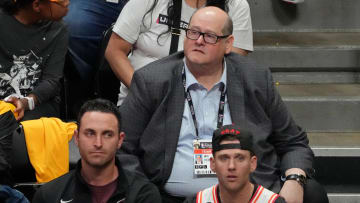 Jun 1, 2023; Denver, CO, USA; Miami Heat general manager Andy Elisburg looks on in game one of the 2023 NBA Finals against the Denver Nuggets during the fourth quarter at Ball Arena. Mandatory Credit: Kyle Terada-USA TODAY Sports