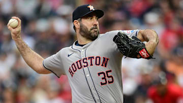 Sep 28, 2024; Cleveland, Ohio, USA; Houston Astros starting pitcher Justin Verlander (35) throws a pitch during the first inning against the Cleveland Guardians at Progressive Field. Mandatory Credit: Ken Blaze-Imagn Images