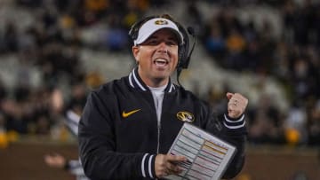 Nov 18, 2023; Columbia, Missouri, USA; Missouri Tigers head coach Eli Drinkwitz reacts to a play against the Florida Gators during the first half at Faurot Field at Memorial Stadium. Mandatory Credit: Denny Medley-USA TODAY Sports