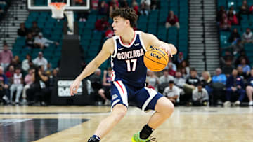Nov 24, 2025; Las Vegas, Nevada, USA; Gonzaga Bulldogs guard Mario Saint-Supery (17) controls the ball against the Alabama Crimson Tide during the second half in a 2025 Players Era Festival group play game at MGM Grand Garden Arena.
