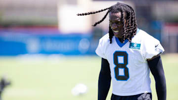Jul 26, 2025; Charlotte, NC, USA; Carolina Panthers cornerback Jaycee Horn (8) walks off after practice at training camp. 