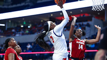 Ole Miss' Starr Jacobs takes a shot against the Alabama Crimson Tide on Jan. 12, 2025 at the SJB Pavilion in Oxford, Mississippi.