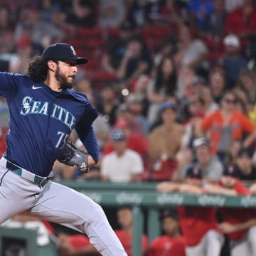 Seattle Mariners pitcher Andres Munoz (75) pitches against the Boston Red Sox during the ninth inning at Fenway Park on July 30.