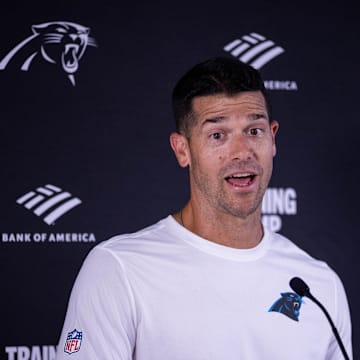 Jul 24, 2025; Charlotte, NC, USA; Carolina Panthers head coach Dave Canales speaks to the media after practice at training camp.