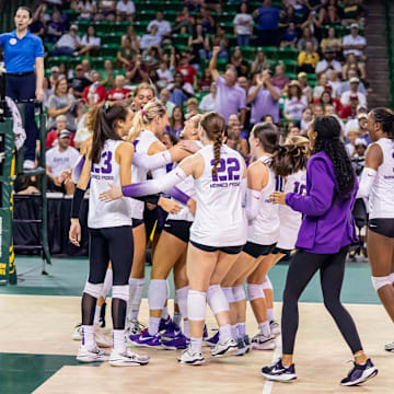 TCU Volleyball celebrates a victory over Minnesota in the Big 10/Big 12 challenge on September 7, 2024.