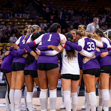 TCU Volleyball players gather after a tough loss to No. 22 Colorado.