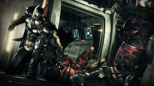 Batman smashing a goon's face into the ground in Batman Arkham Knight 