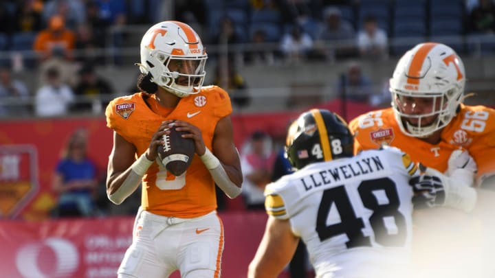 Tennessee quarterback Nico Iamaleava (8) looks for an open receiver during the Citrus Bowl NCAA College football game on Monday, January 1, 2024 against Iowa in Orlando, Fla.