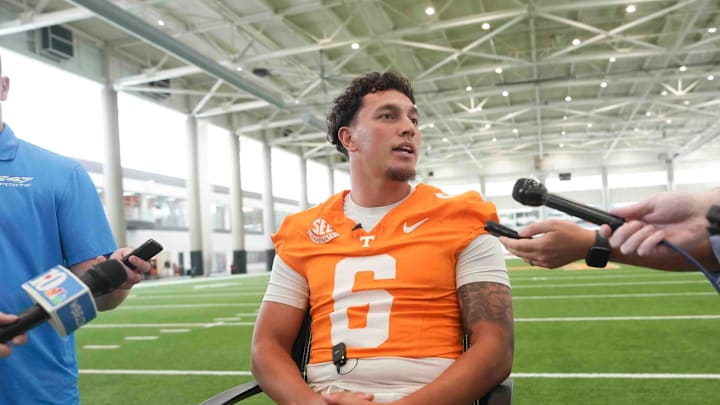 Tennessee quarterback Joey Aguilar (6) speaks to the media during football media day, in Knoxville, Tennessee, July 29, 2025.