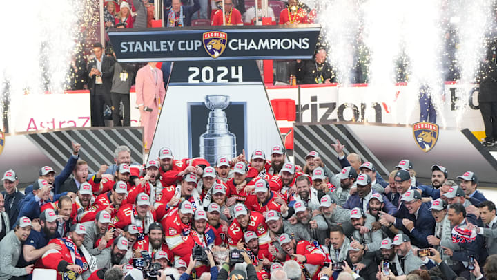 The Florida Panthers celebrate winning the Stanley Cup against the Edmonton Oilers: Jim Rassol-Imagn Images