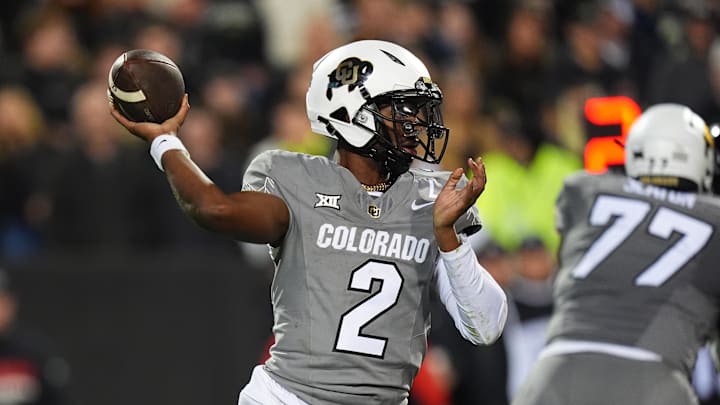 Oct 26, 2024; Boulder, Colorado, USA; Colorado Buffaloes quarterback Shedeur Sanders (2) prepares to pass in the second half against the Cincinnati Bearcats at Folsom Field. Mandatory Credit: Ron Chenoy-Imagn Images Oct 26, 2024; Boulder, Colorado, USA; Colorado Buffaloes quarterback Shedeur Sanders (2) prepares to pass in the second half against the Cincinnati Bearcats at Folsom Field. Mandatory Credit: Ron Chenoy-Imagn Images