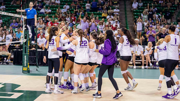 TCU Volleyball celebrates a victory over Minnesota in the Big 10/Big 12 challenge on September 7, 2024.