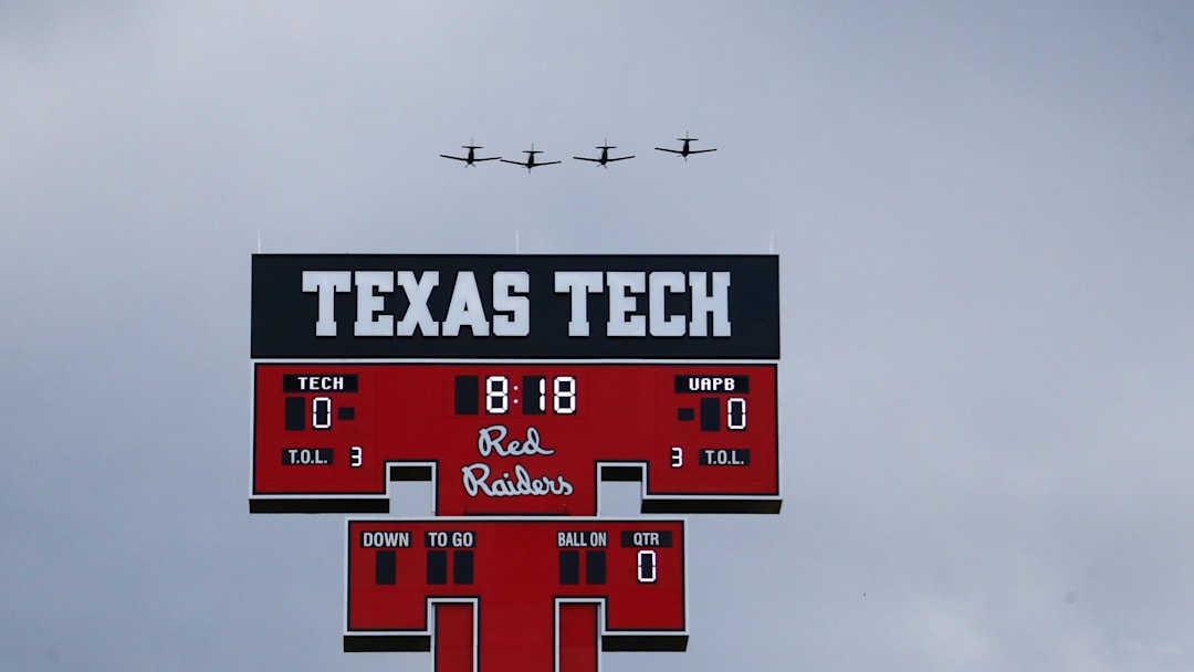 Aug 30, 2025; Lubbock, Texas, USA;  Members of the 434th Flying Training Squadron out of Laughlin Air Force Base in Del Rio, Texas perform a fly over before the game between the Texas Tech Red Raiders and the Arkansas-Pine Bluff Golden Lions at Jones AT&T Stadium. Mandatory Credit: Michael C. Johnson-Imagn Images