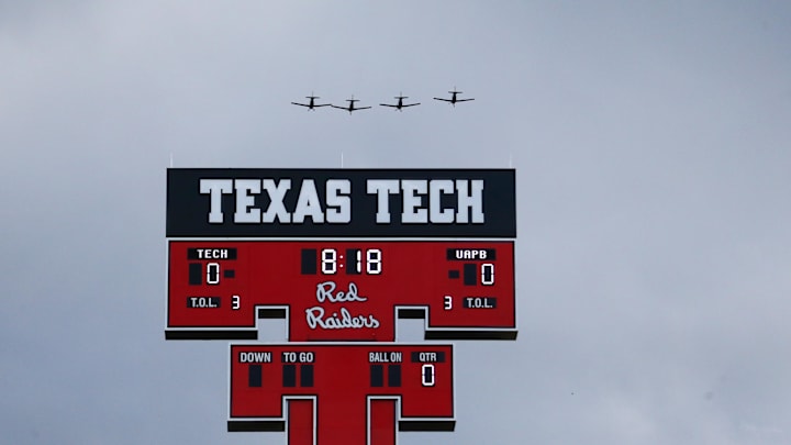 Aug 30, 2025; Lubbock, Texas, USA;  Members of the 434th Flying Training Squadron out of Laughlin Air Force Base in Del Rio, Texas perform a fly over before the game between the Texas Tech Red Raiders and the Arkansas-Pine Bluff Golden Lions at Jones AT&T Stadium. Mandatory Credit: Michael C. Johnson-Imagn Images