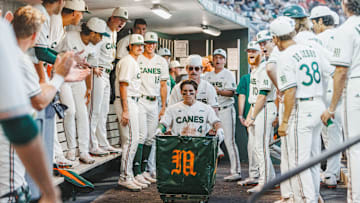 The Miami Hurricanes Baseball team celebrates a victory against Notre Dame 