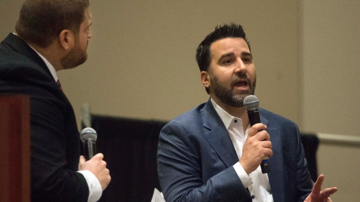Chris Harris (left), Director of Communications with the Mississippi Braves, and Alex Anthopoulos