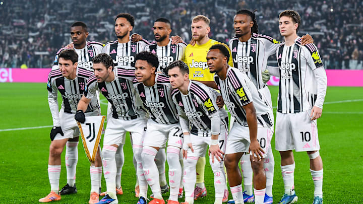 Juventus FC players line up during Serie A 2025 26 football match between Juventus FC and AS Roma at Allianz Stadium in Turin Italy on 20 December 2025.