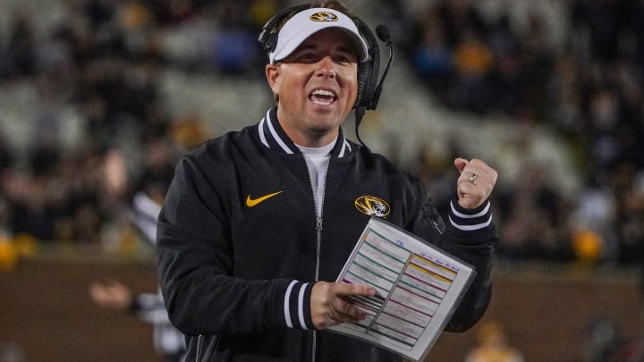 Nov 18, 2023; Columbia, Missouri, USA; Missouri Tigers head coach Eli Drinkwitz reacts to a play against the Florida Gators during the first half at Faurot Field at Memorial Stadium. Mandatory Credit: Denny Medley-USA TODAY Sports