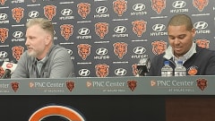 Matt Eberflus and Ryan Poles meet the media after Round 5 of the draft on Saturday.