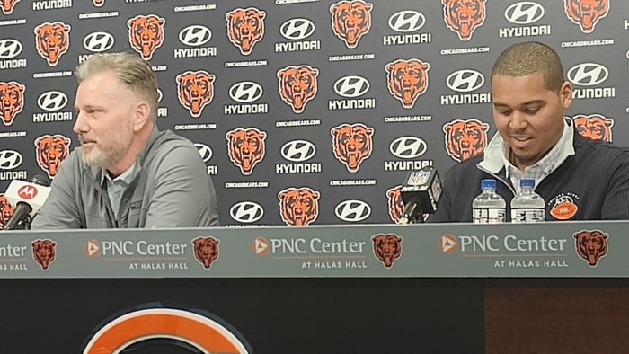 Matt Eberflus and Ryan Poles meet the media after Round 5 of the draft on Saturday.