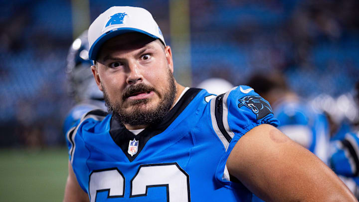 Aug 8, 2025; Charlotte, North Carolina, USA; Carolina Panthers center Austin Corbett (63) mugs for the camera during the fourth quarter against the Cleveland Browns at Bank of America Stadium. Aug 8, 2025; Charlotte, North Carolina, USA; Carolina Panthers center Austin Corbett (63) mugs for the camera during the fourth quarter against the Cleveland Browns at Bank of America Stadium.