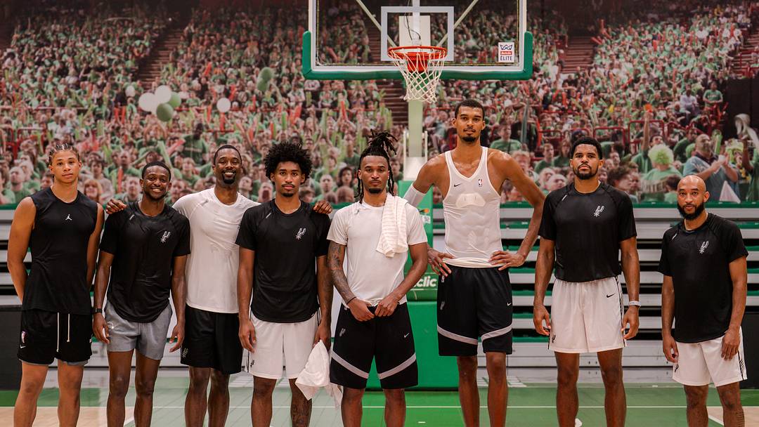 Spurs players join Victor Wembanyama in France for offseason workout. From left: Carter Bryant, De'Aaron Fox, Harrison Barnes, Dylan Harper, Stephon Castle, Victor Wembanyama, Tobias Harris, Jordan McLaughlin.