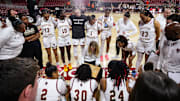 Boston College players meet during a timeout during ACC Tournament play. 