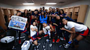 Ole Miss women's basketball in the locker room postgame following their 71-63 win over Mississippi State on Jan. 19, 2025.
