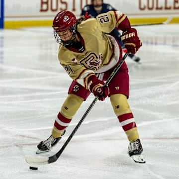 Maxim Temblay handles the puck against UConn in a conference matchup on November 7.