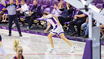 Madison Conner celebrates a three-pointer in No. 12 TCU's win over Samford on December 17, 2024.