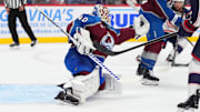 Oct 12, 2024; Denver, Colorado, USA; Colorado Avalanche goaltender Alexandar Georgiev (40) makes a save in the first period against the Columbus Blue Jackets at Ball Arena. Mandatory Credit: Ron Chenoy-Imagn Images