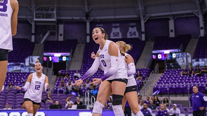 TCU's Alice Volpe celebrates a point with her teammates in the win over UCLA on September 13, 2024.