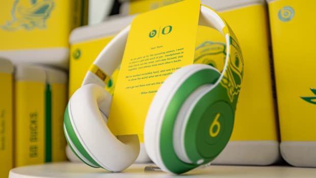 An up close image of the Oregon Football Beats by Dre Headphones gifted to the team by Dillon Gabriel.