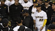 April 2, 2025; Columbia, Missouri, USA: Missouri Tigers Head Coach Kerrick Jackson gives a speech to his players following their walk-off win over Arkansas Pine-Bluff. 