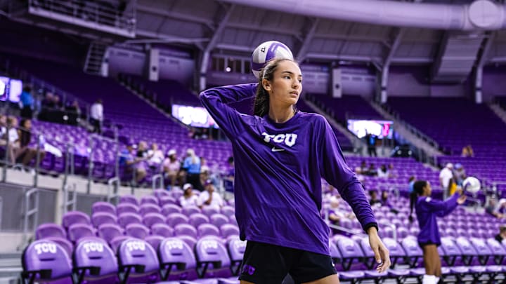 Sept. 13, 2024-TCU Volleyballs' Melanie Parra warming up before a match with UCLA.