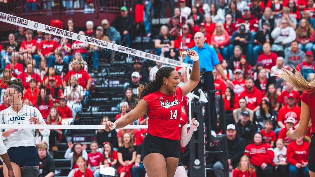 Manaia Ogbechie celebrates a point against Northern Colorado Saturday in Chadron. The Huskers won all four sets to close out their spring season. 