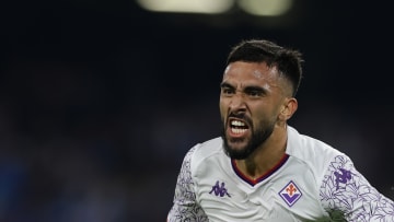 Fiorentina's Argentinian forward Nicolas Gonzalez celebrates...