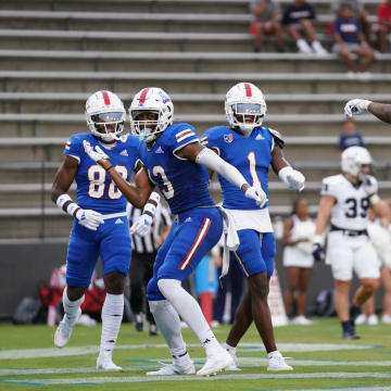 West Georgia wide receiver Dylan Gary celebrates a touchdown against Samford