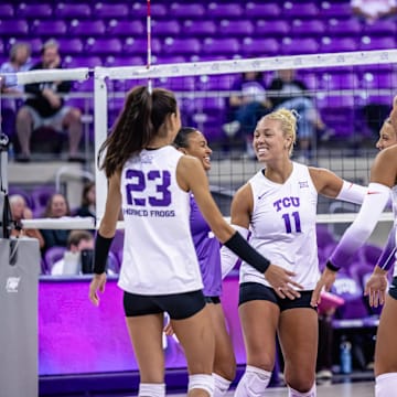 Sep. 17, 2024-TCU Volleyball celebrates a victory over UT Arlington in Schollmaier Arena. 