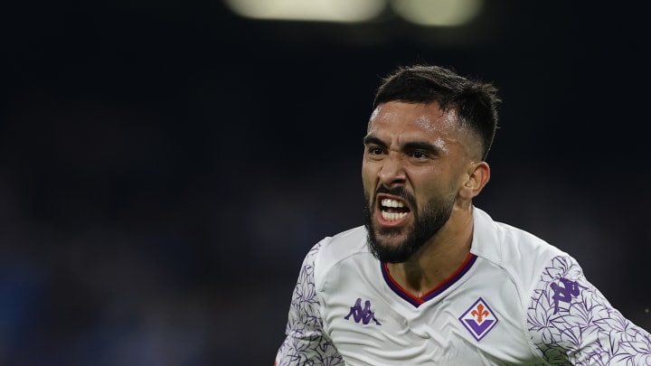 Fiorentina's Argentinian forward Nicolas Gonzalez celebrates...