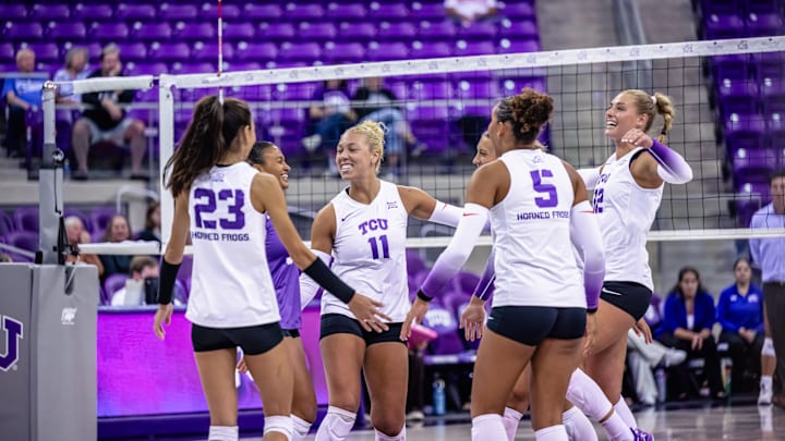 Sep. 17, 2024-TCU Volleyball celebrates a victory over UT Arlington in Schollmaier Arena. 