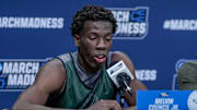 Mar 20, 2024; Charlotte, NC, USA; Wagner Seahawks guard Melvin Council Jr. (11) addresses the media after the NCAA first round practice session at Spectrum Center. Mandatory Credit: Jim Dedmon-Imagn Images