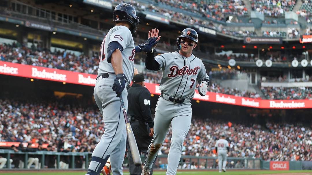 Detroit Tigers third baseman Kevin McGonigle (right) and left fielder Riley Greene (left). Detroit Tigers third baseman Kevin McGonigle (right) and left fielder Riley Greene (left).