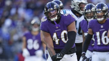 Nov 20, 2022; Baltimore, Maryland, USA;  Baltimore Ravens linebacker Malik Harrison (40) reacts after making a play against the Baltimore Ravens at M&T Bank Stadium. Mandatory Credit: Jessica Rapfogel-USA TODAY Sports